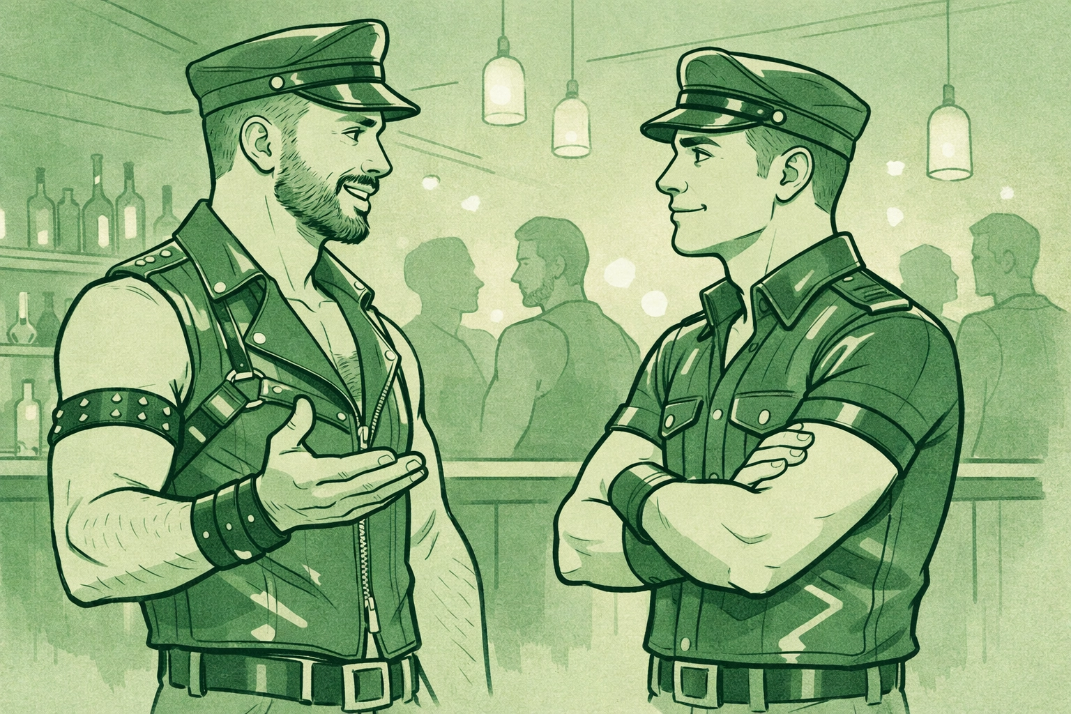 Gay men in leather gear communicating openly about boundaries in fetish club setting