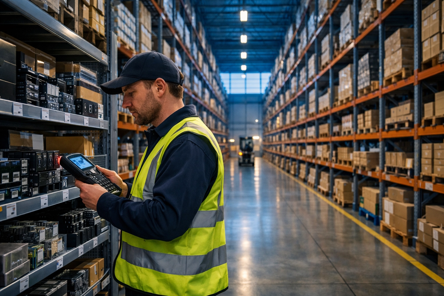 Warehouse professional using a handheld scanner for morning inventory audits in a fulfillment center.