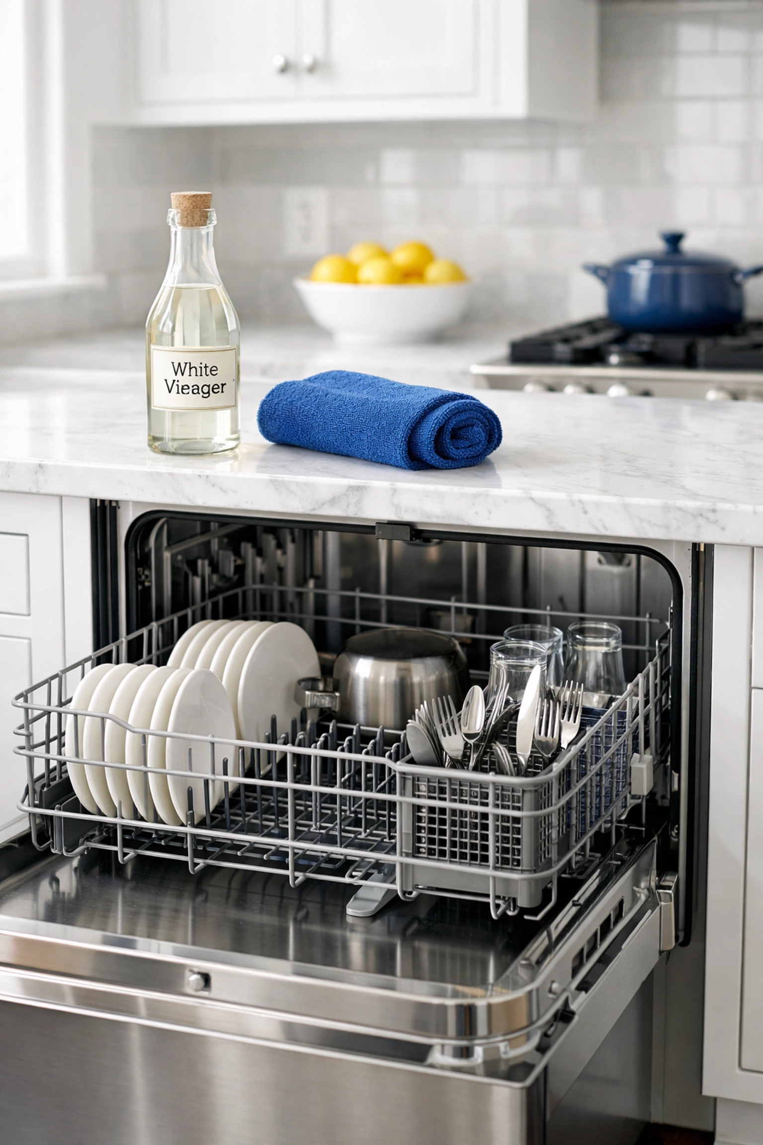Open stainless steel dishwasher with white vinegar and a microfiber cloth on a marble countertop.