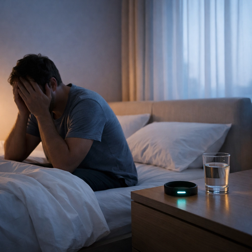 Exhausted person sitting on bed despite full night's sleep showing poor sleep quality