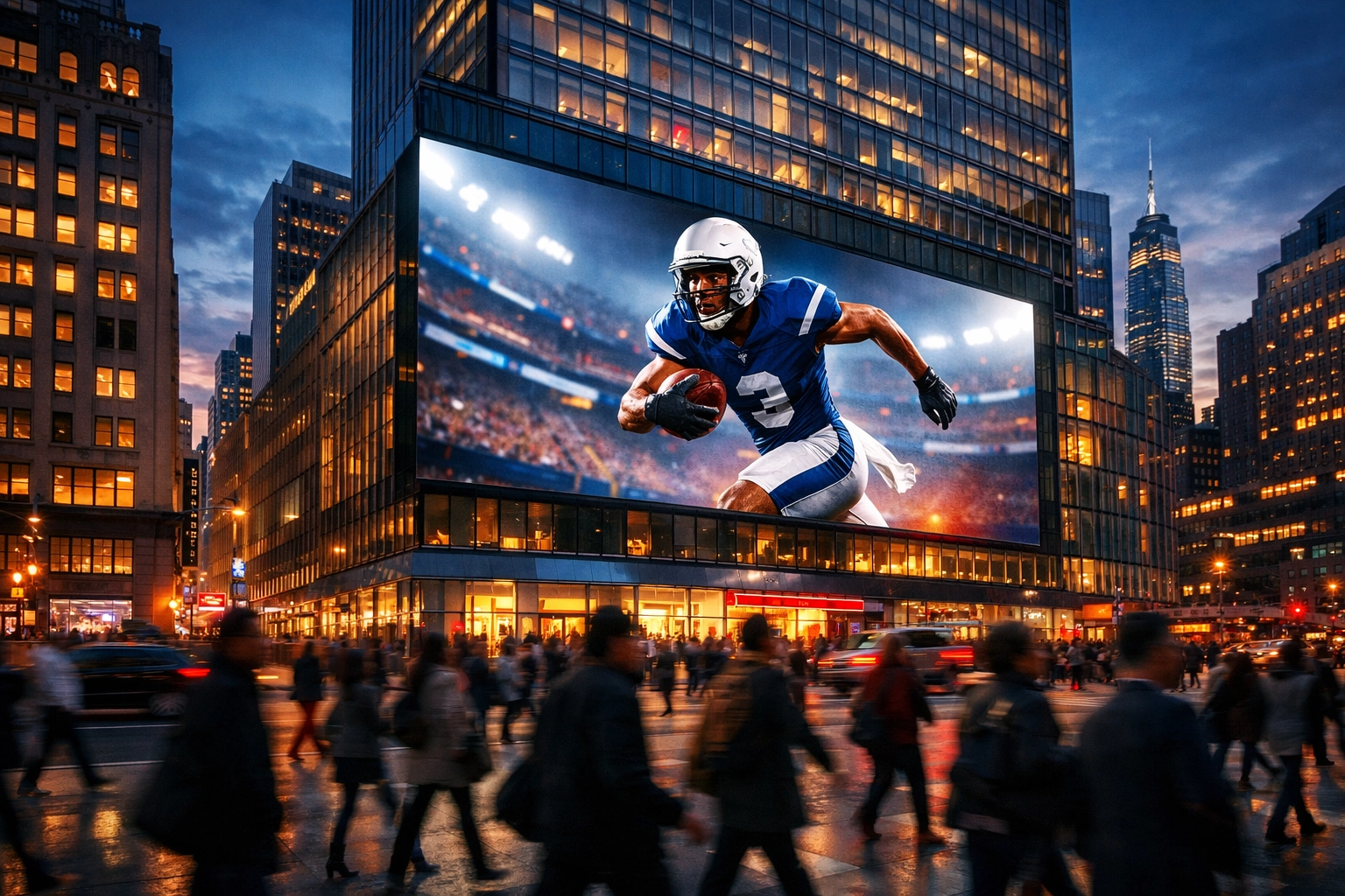 Digital billboard in a city center displaying a student-athlete campaign as part of a programmatic DOOH strategy.