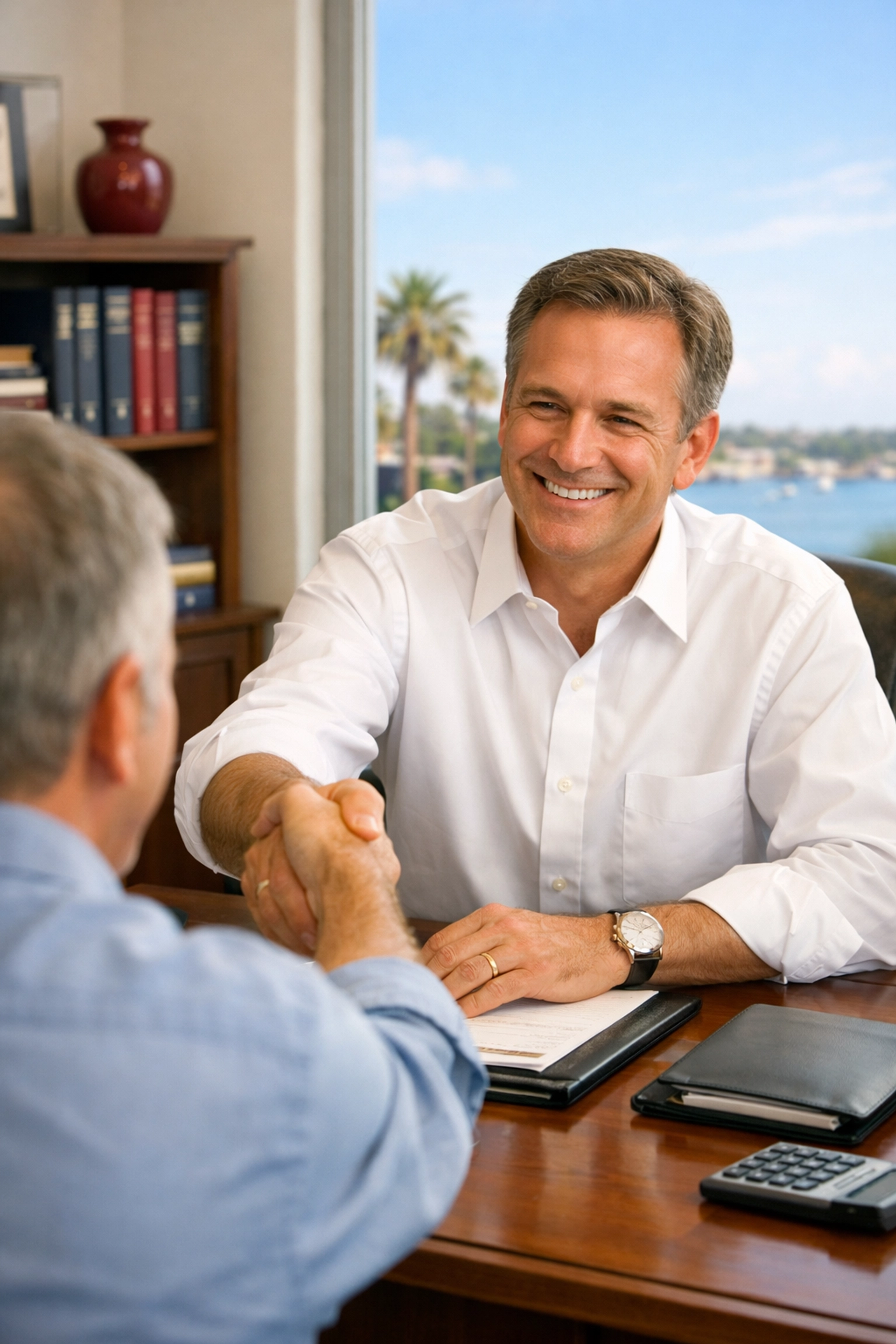 Clear Lake credit repair expert shaking hands with a client in a professional coastal office.