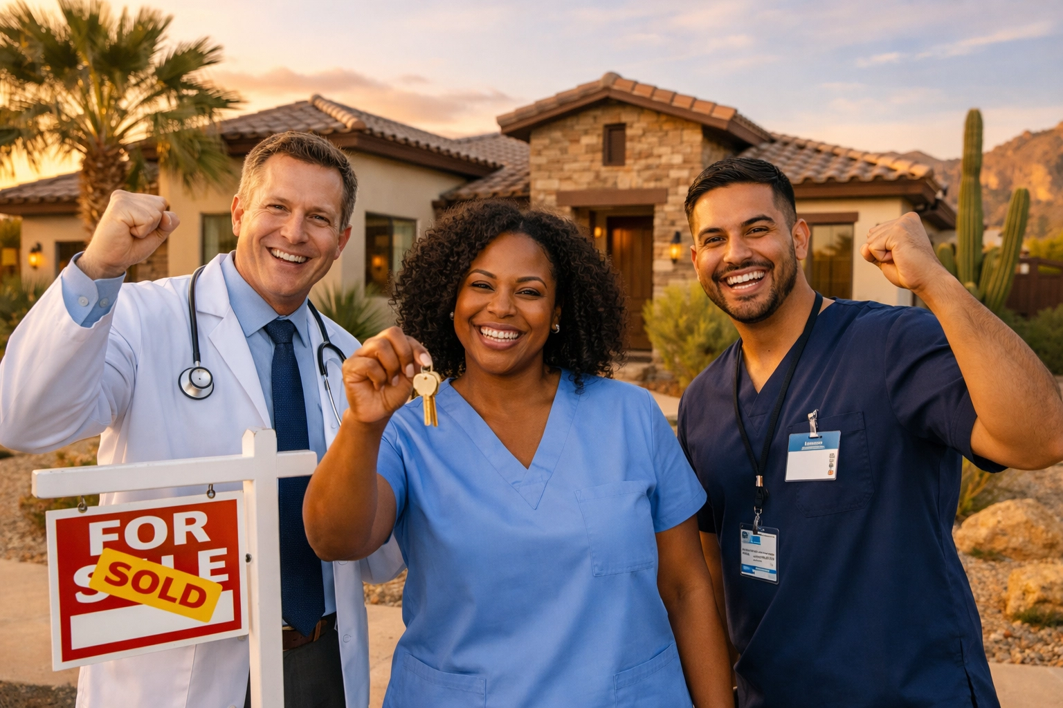 Healthcare heroes celebrating successful home purchase through Rewarding Heroes program in Arizona