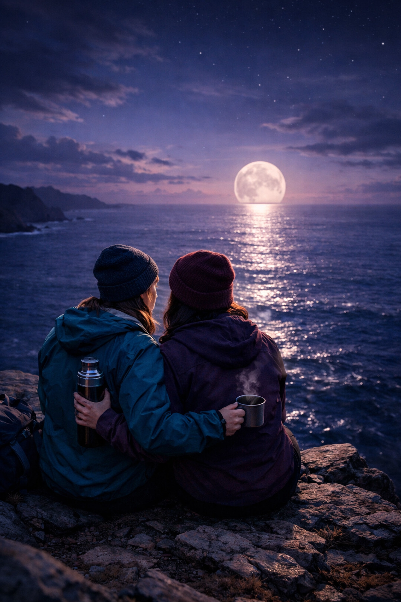 A lesbian couple sitting on a cliffside at twilight, defining their own unique relationship milestones.