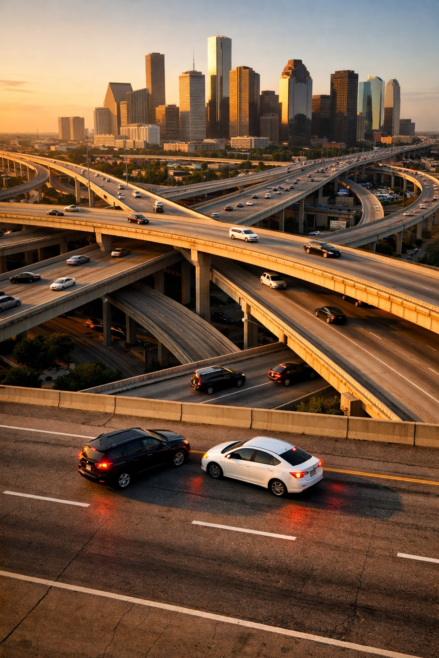 Houston highway interchange accident scene highlighting fault determination under Texas personal injury law.