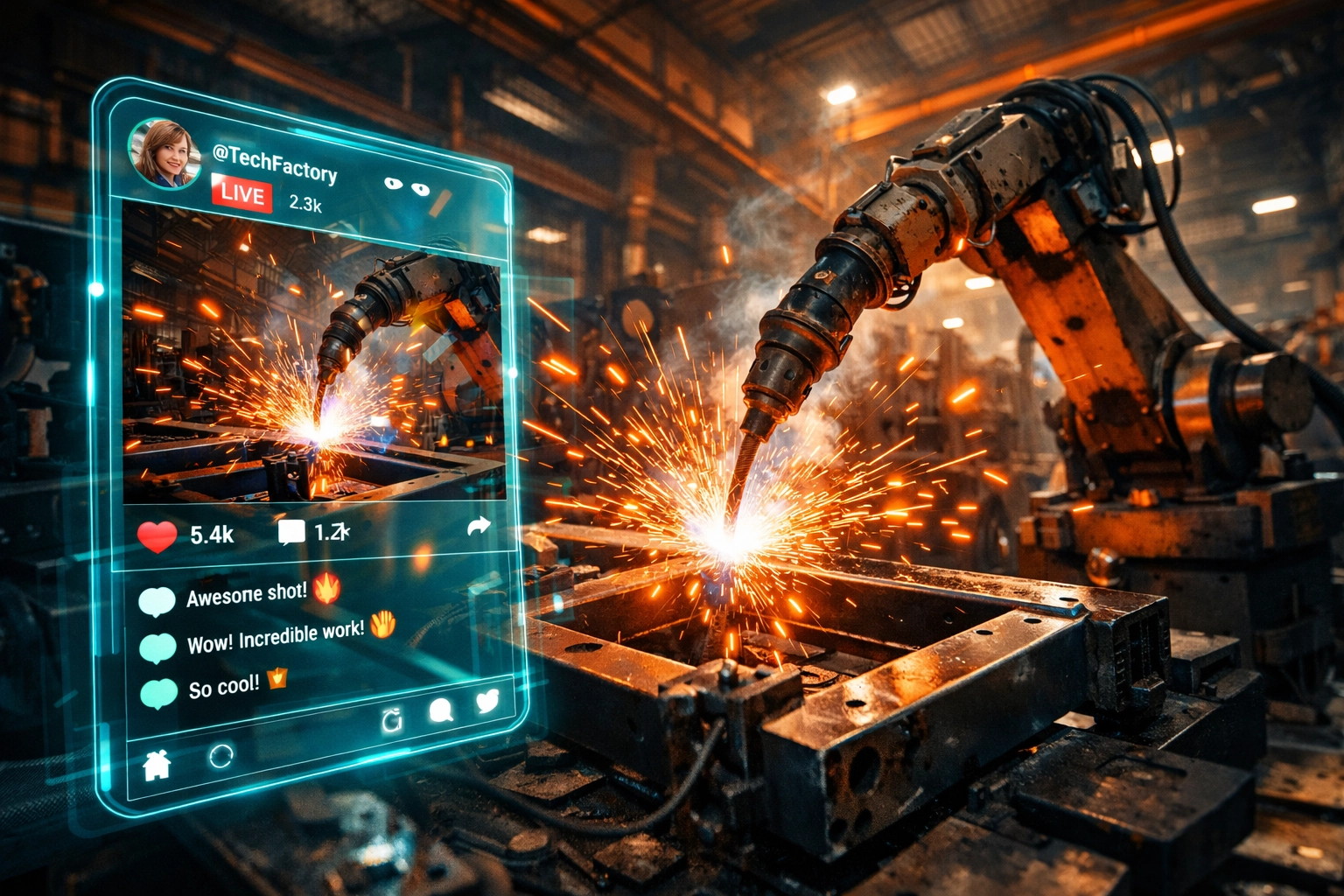 Robotic arm welding with a digital overlay showing industrial social marketing engagement.