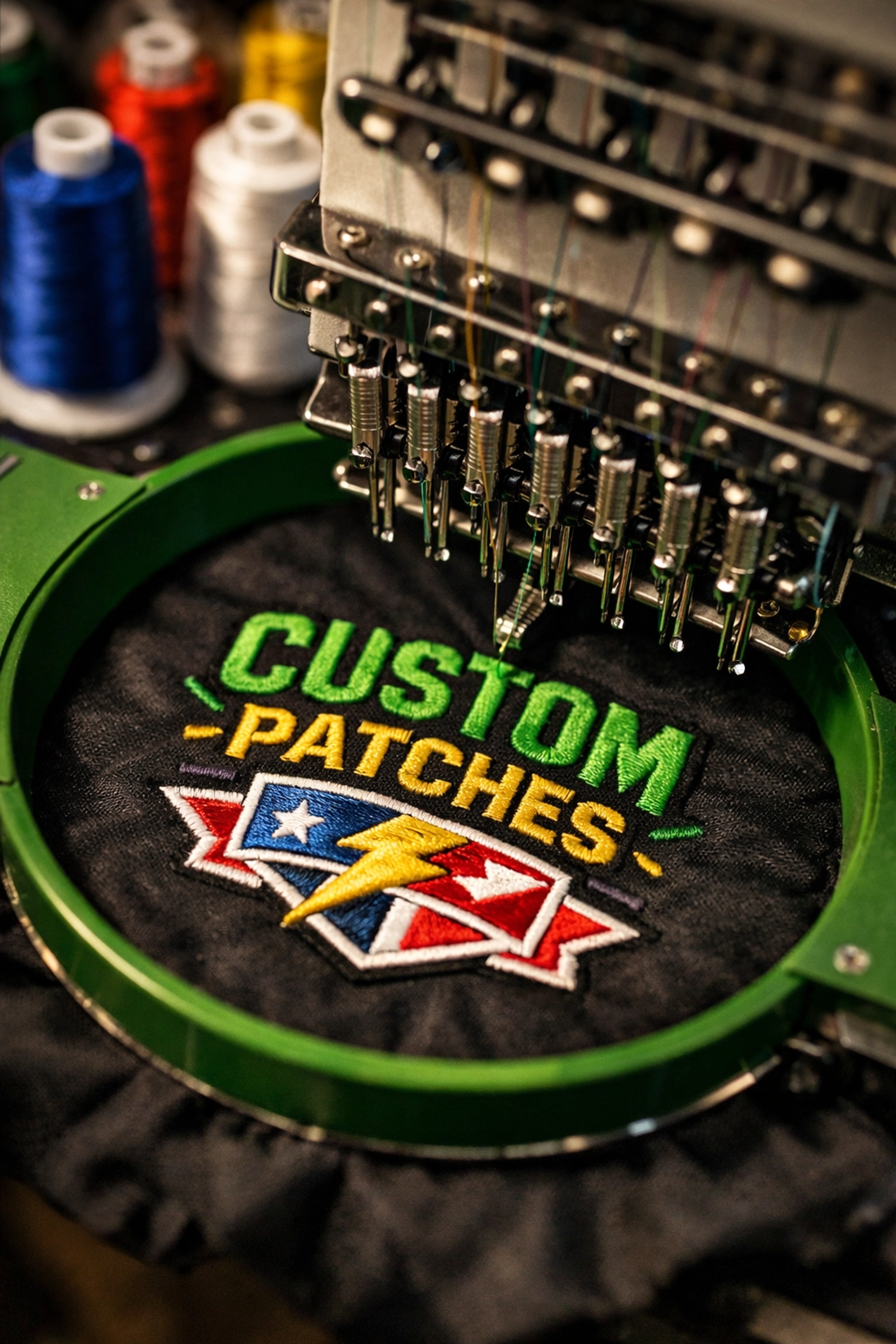 Embroidery machine creating a custom patch with colorful thread spools
