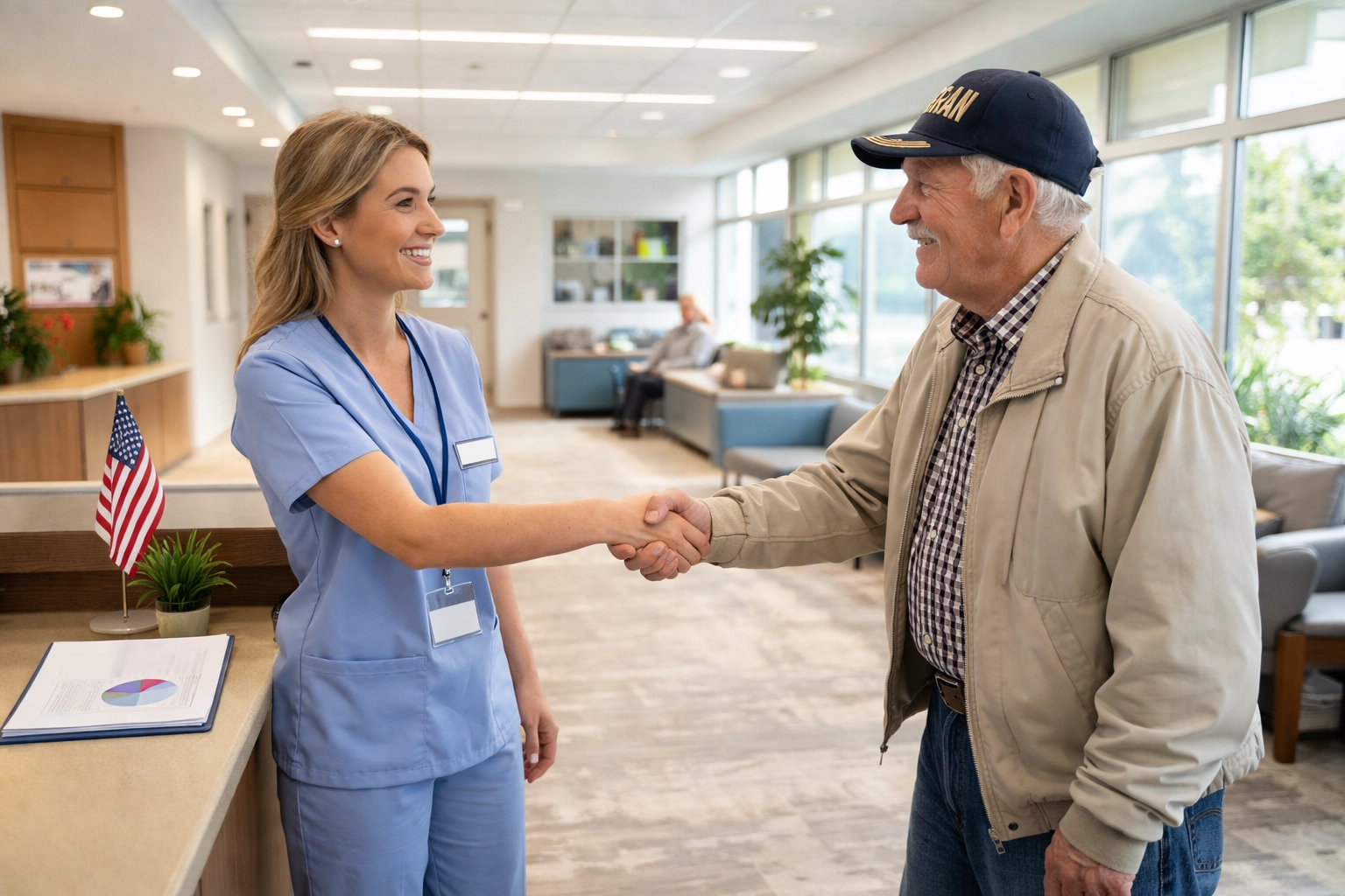 Friendly admissions coordinator welcoming a veteran, illustrating a streamlined nursing facility intake process