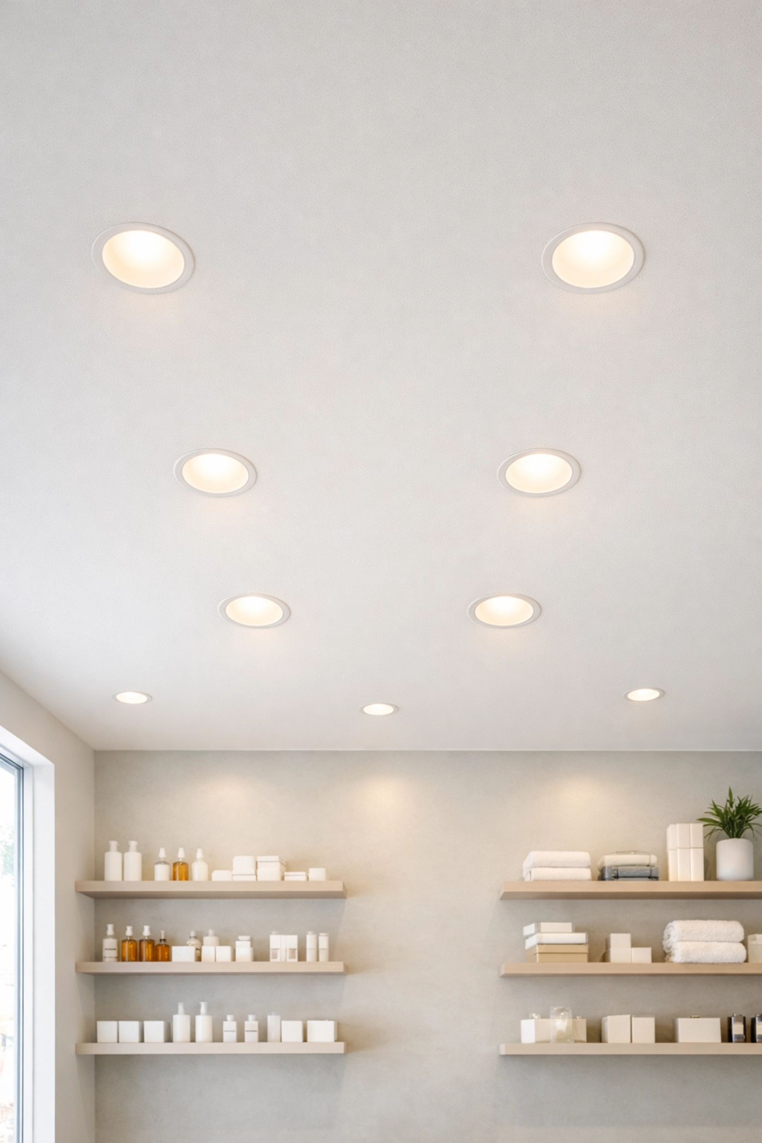 Recessed LED downlights providing uniform lighting in minimalist retail space