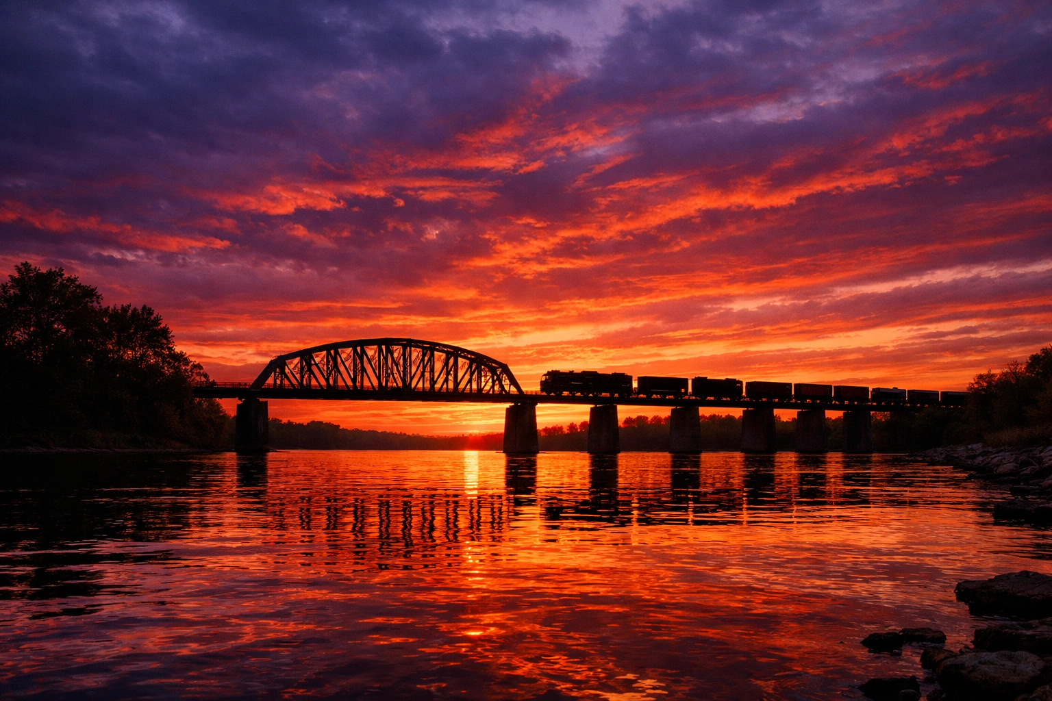 A dramatic sunset over the Wabash River in Terre Haute with a freight train crossing a historic bridge.