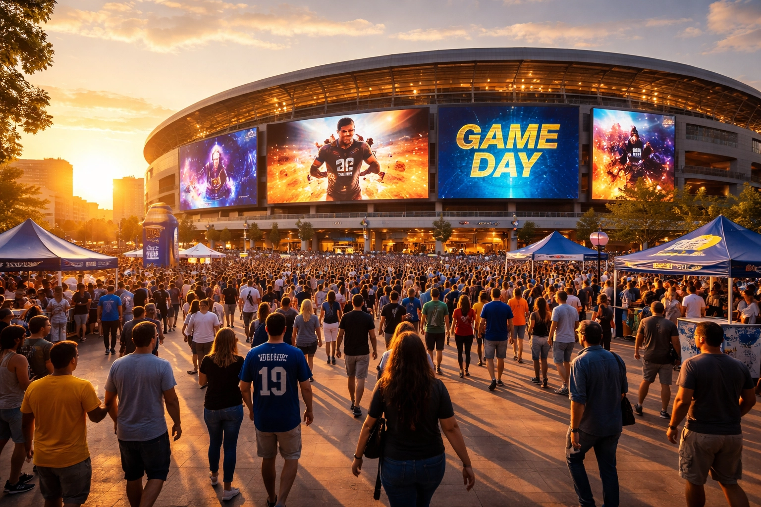 Stadium plaza with digital billboards and fans arriving at a sports venue, highlighting pre-event advertising opportunities