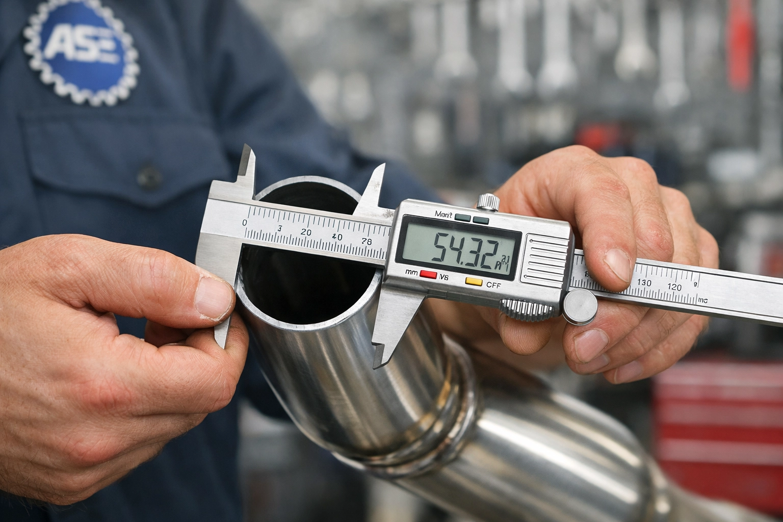 ASE-certified mechanic measuring the diameter of a stainless steel custom exhaust pipe for optimal engine performance.