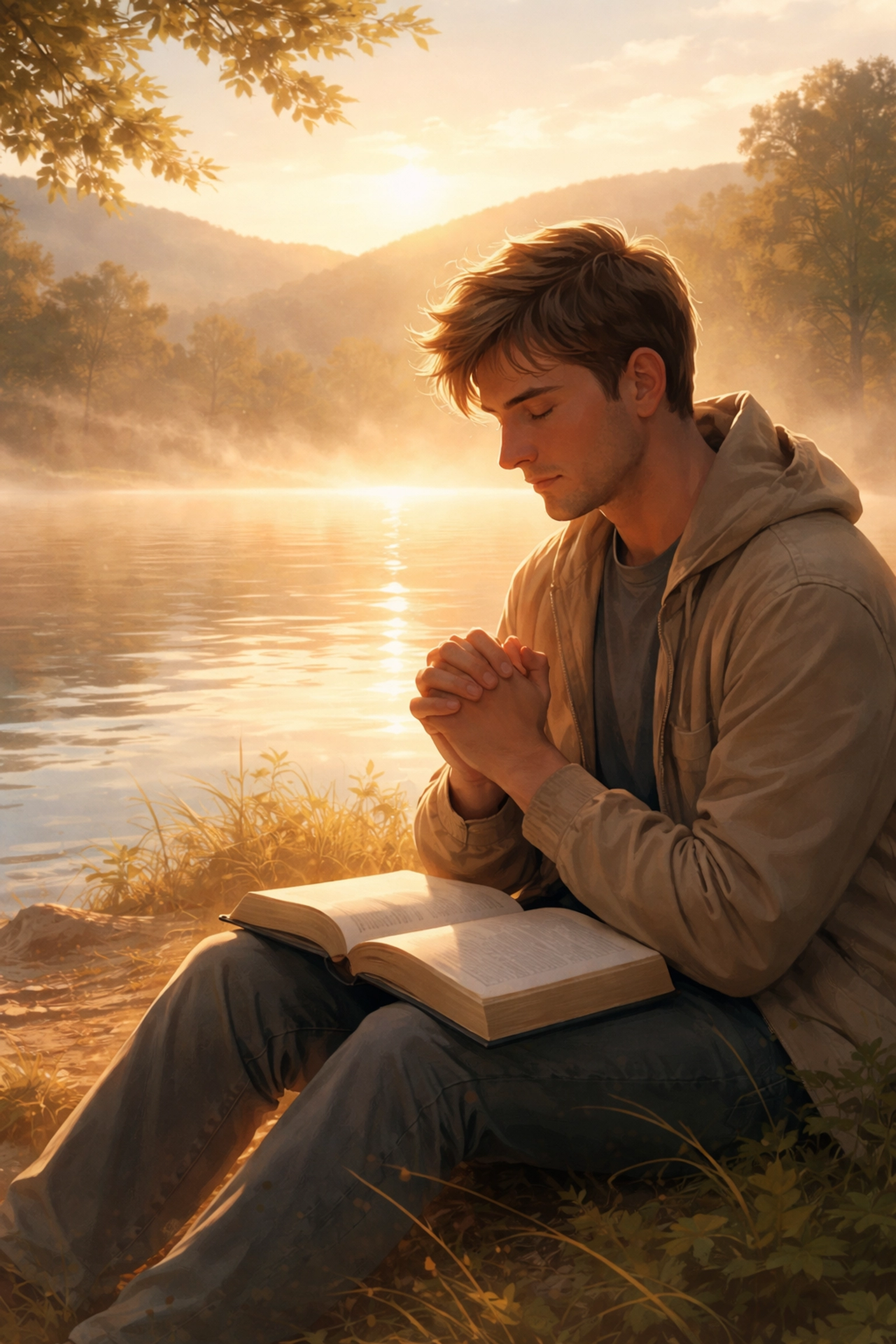 Person praying by a tranquil lake at sunrise, symbolizing seeking deeper spiritual connection through Holy Spirit baptism.