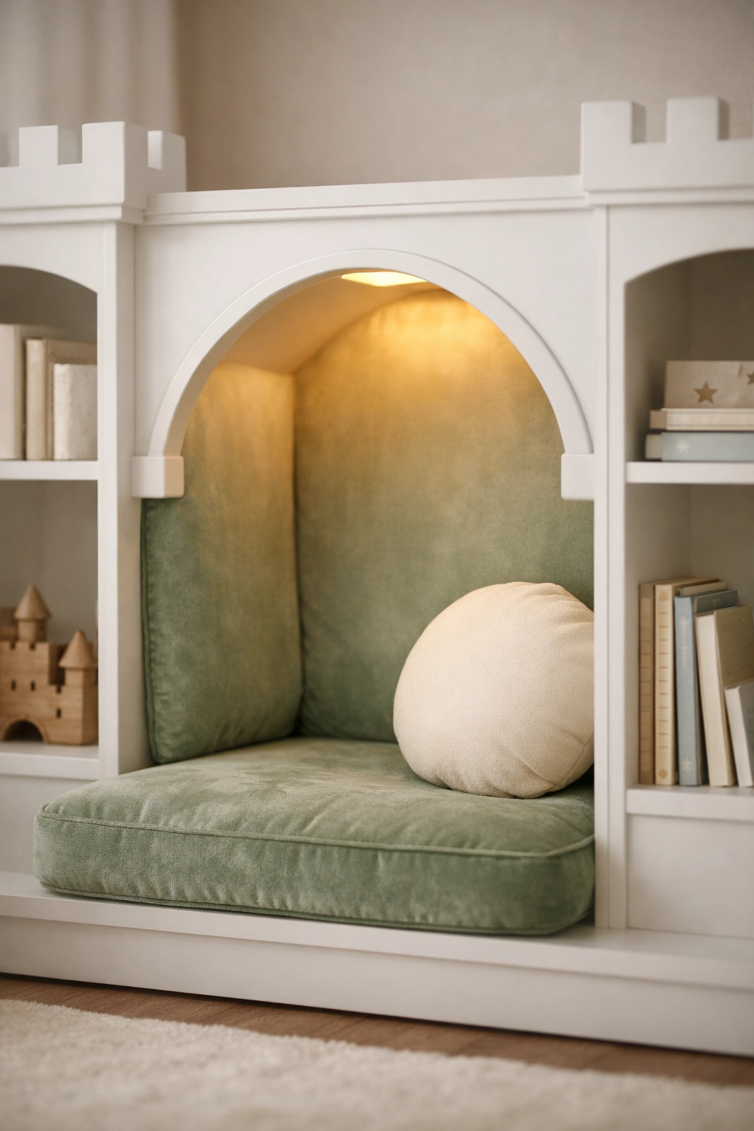 Cozy reading nook inside a white castle bookshelf, illustrating luxury virtual home design.