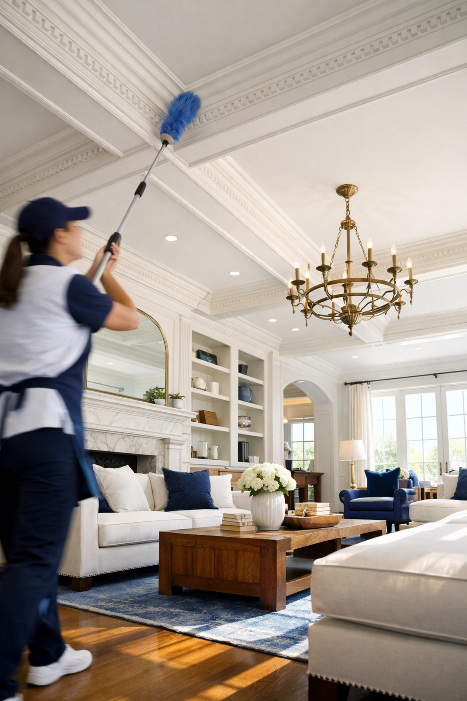 Professional residential cleaning Massachusetts team dusting a high-ceiling luxury living room in a Dover estate.