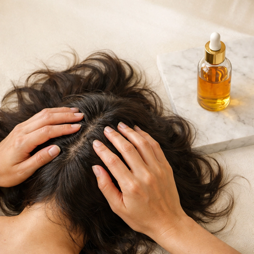 Woman applying natural hair oil to scalp for healthy hair care routine