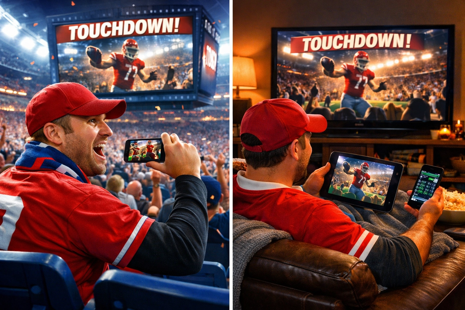 Sports fan experiencing multi-screen viewing in stadium seats and at home with connected devices