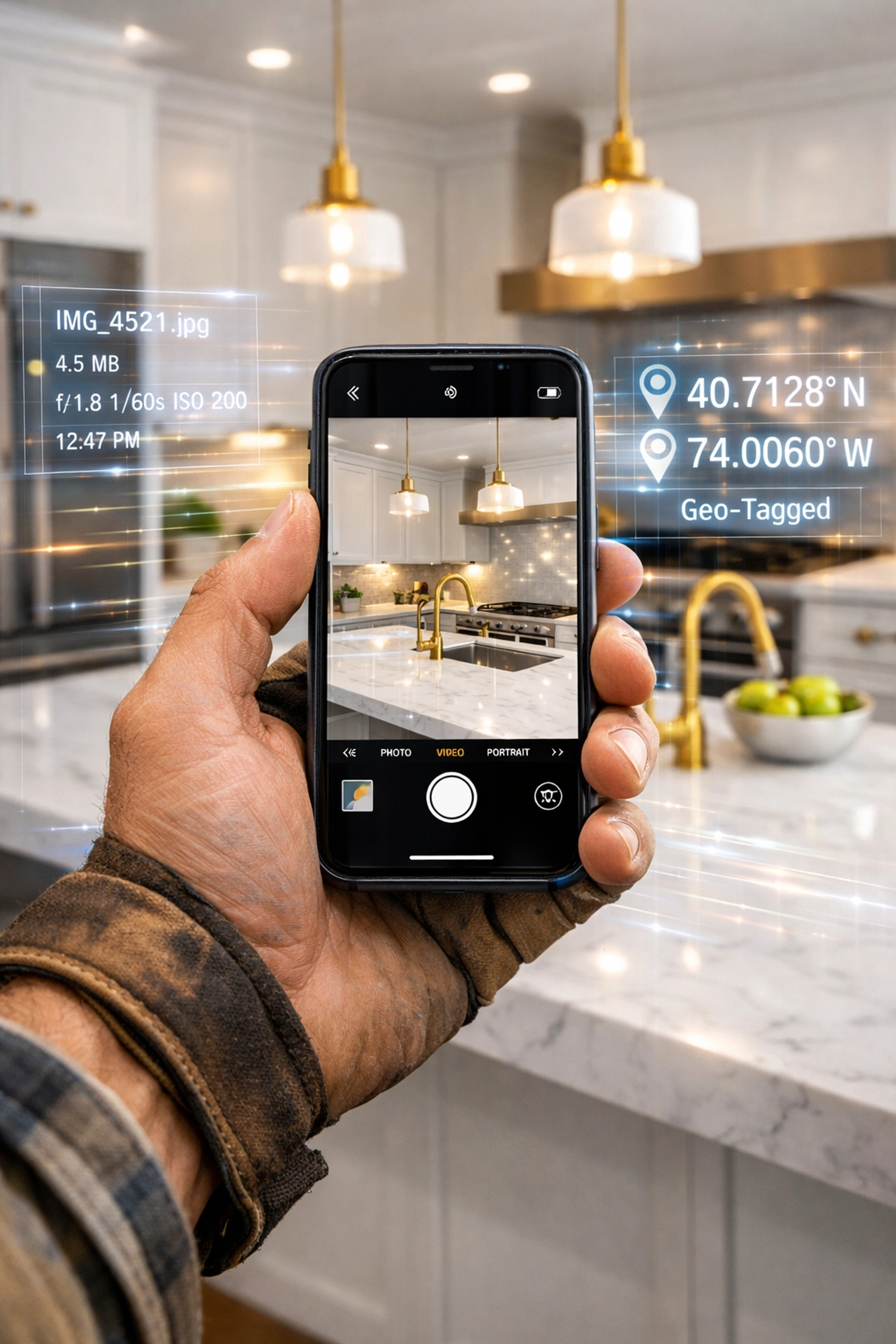 Smartphone capturing geo-tagged project photos to improve local SEO and search visibility.