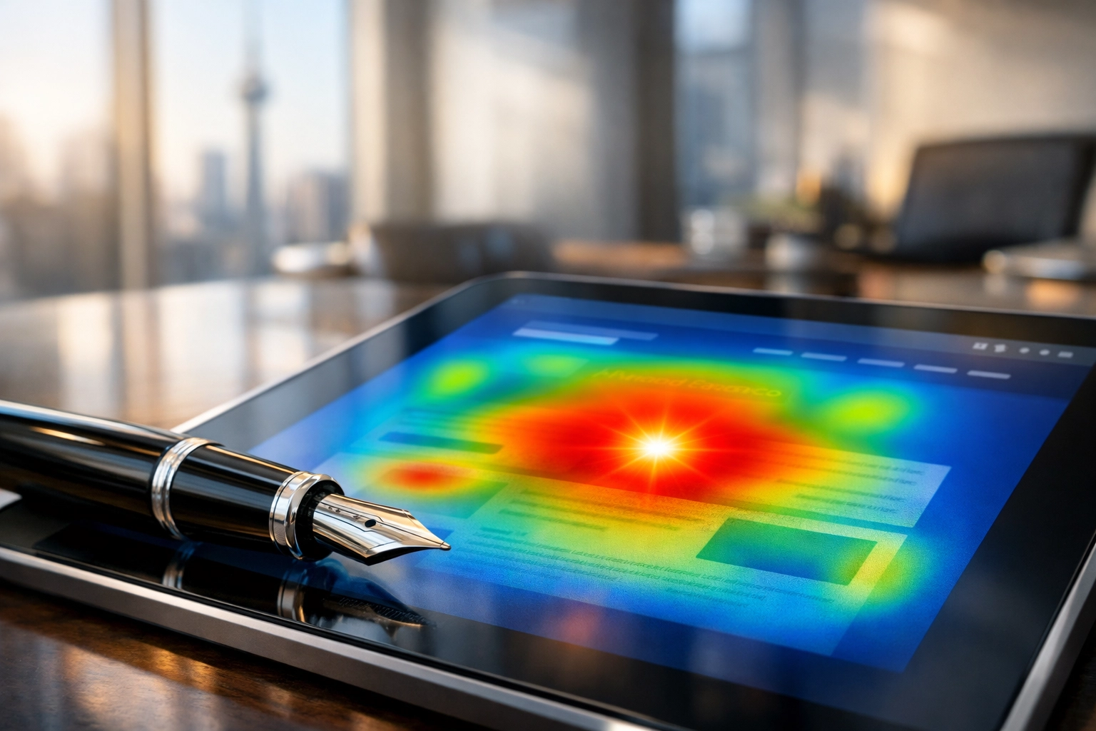 A digital tablet displaying a website heat-map for conversion rate optimization by a Canadian marketing agency.