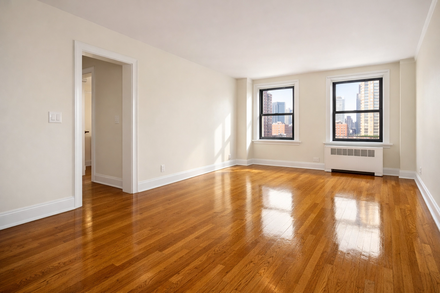 Empty NYC apartment living room with gleaming floors after move out cleaning