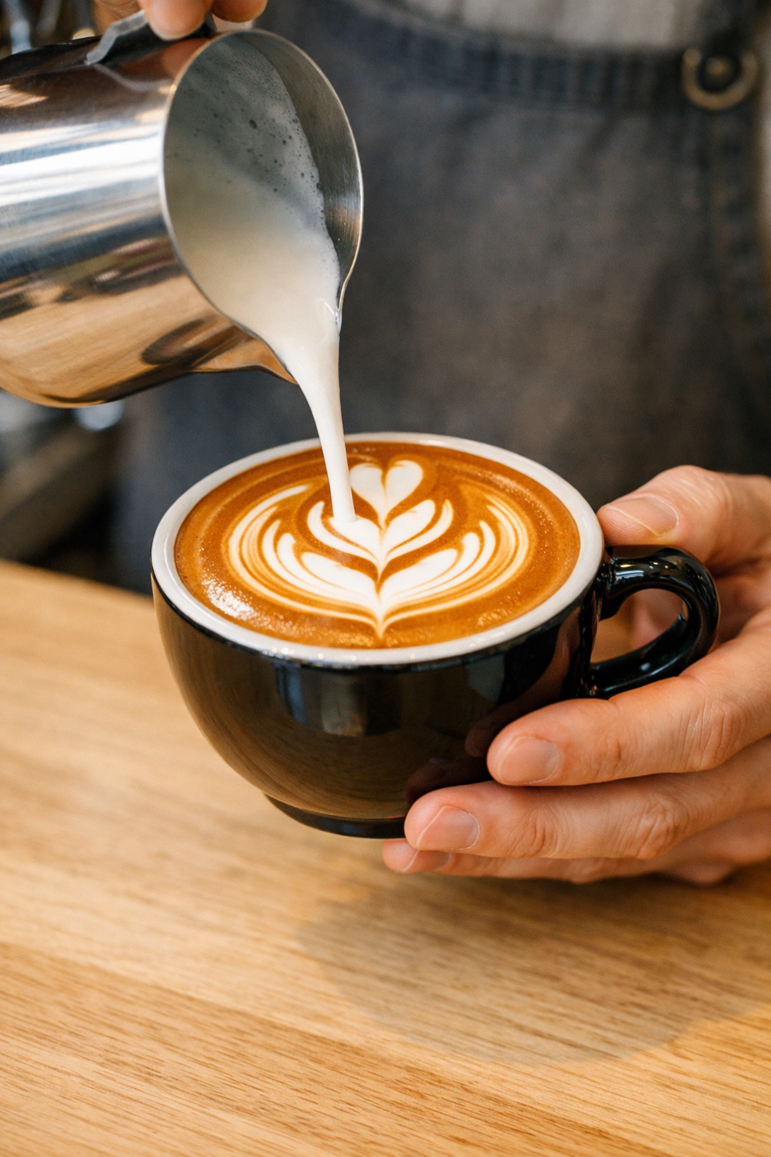Barista pouring micro-foamed milk into a specialty coffee latte with glossy texture and tulip art.