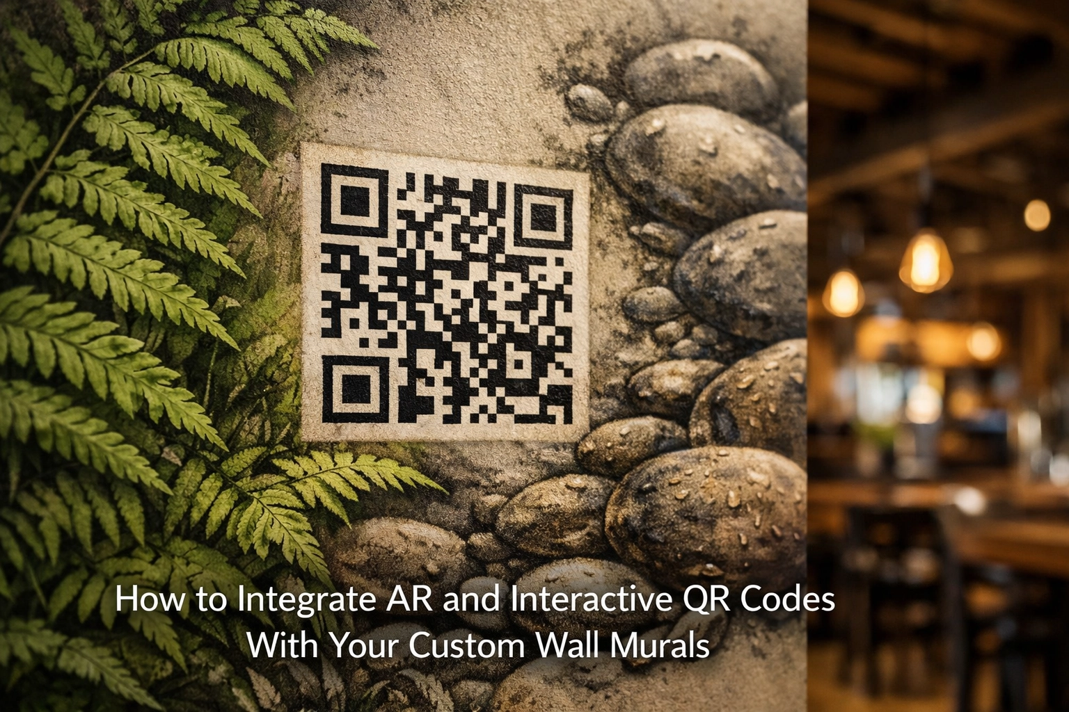 Close-up of an interactive QR code integrated into a precision-printed nature wall mural in Knoxville.