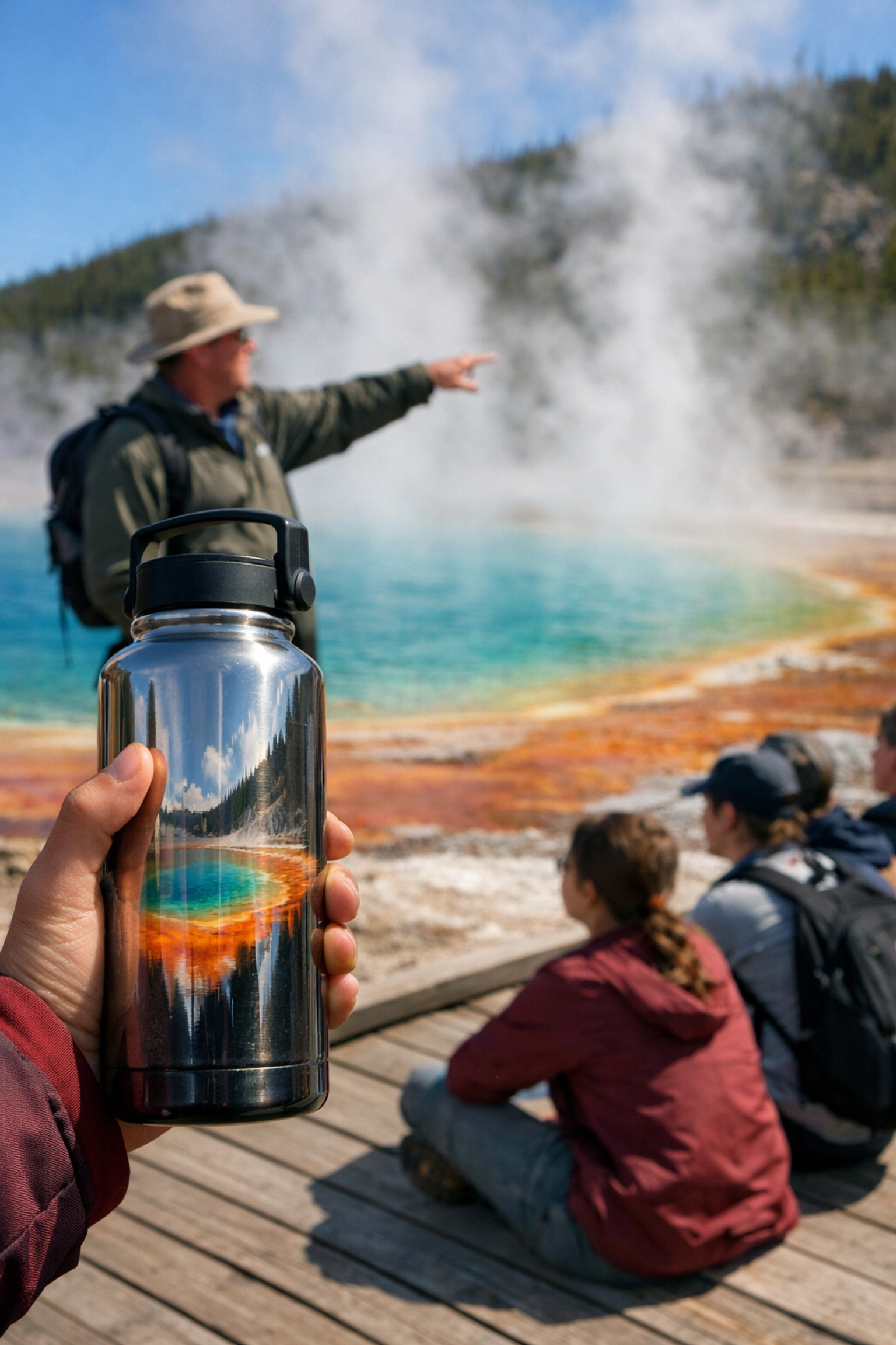 Student hydrating at Midway Geyser Basin during an educational geology trip for students.