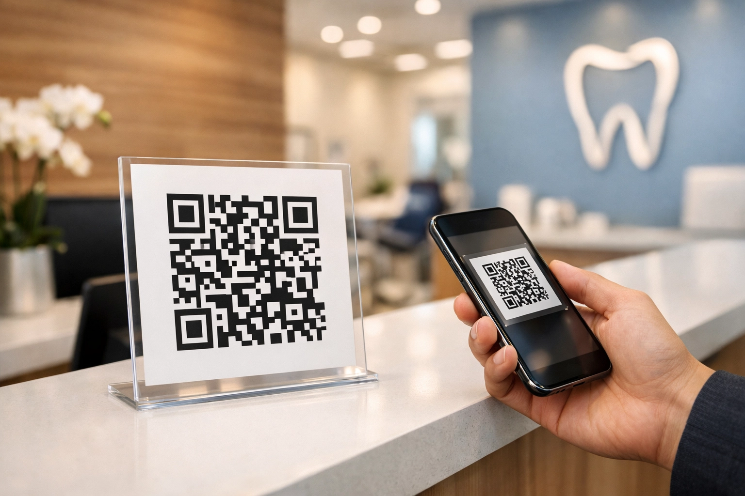 A patient scans a QR code sign at a dental office reception desk to leave a Google review via SMS.