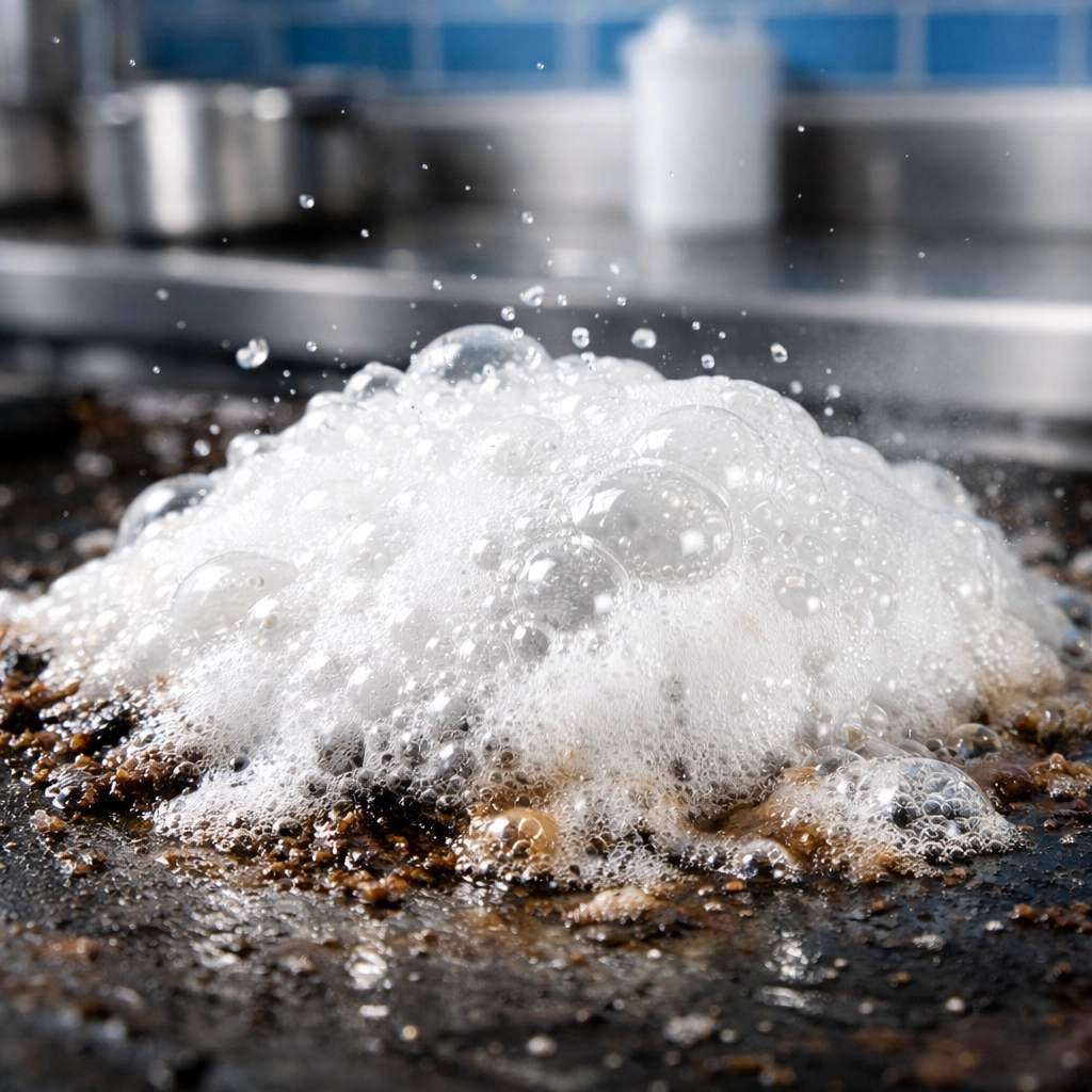 Chemical reaction of baking soda and vinegar fizzing to lift heavy kitchen grease naturally.