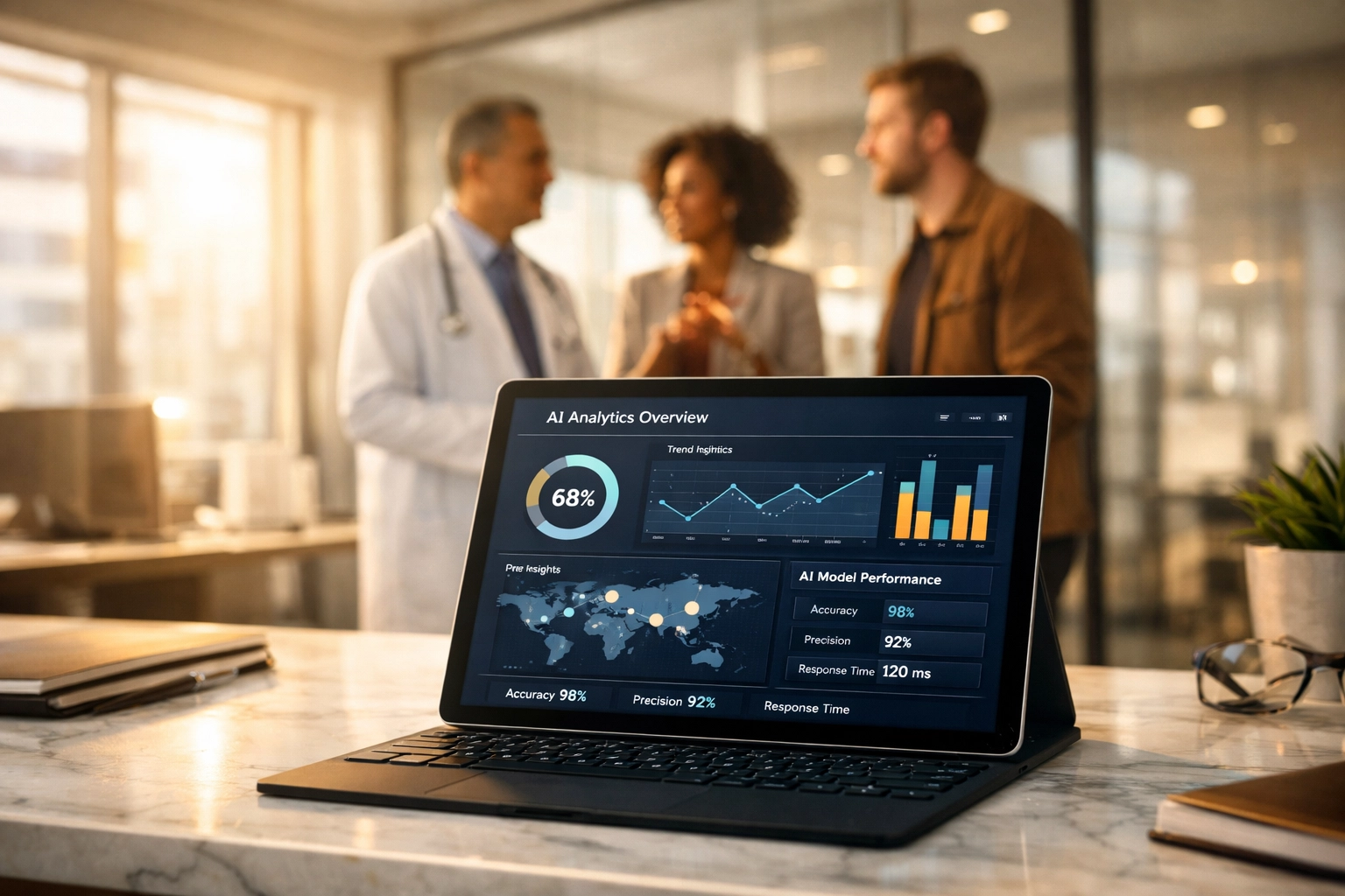 Business professionals collaborating in a modern office using a custom AI dashboard on a tablet.