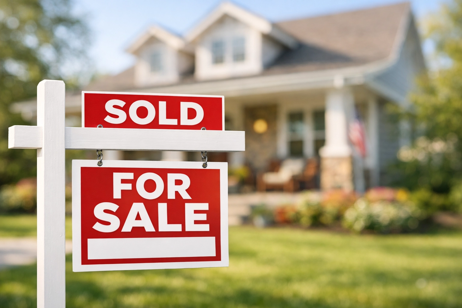 A Sold sign in front of an Omaha family home following a successful real estate auction.