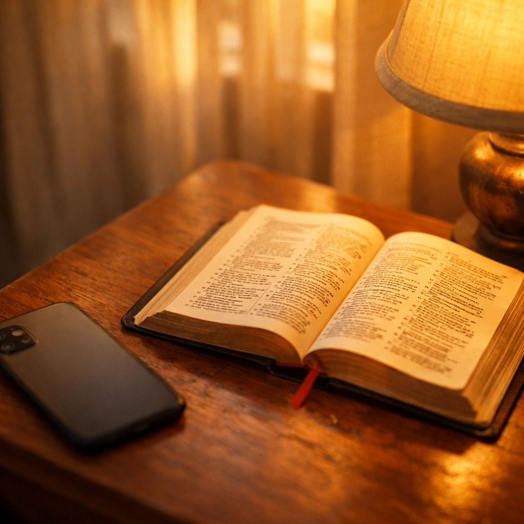Phone face-down beside open Bible and lamp on nightstand representing Christ-centered evening boundaries