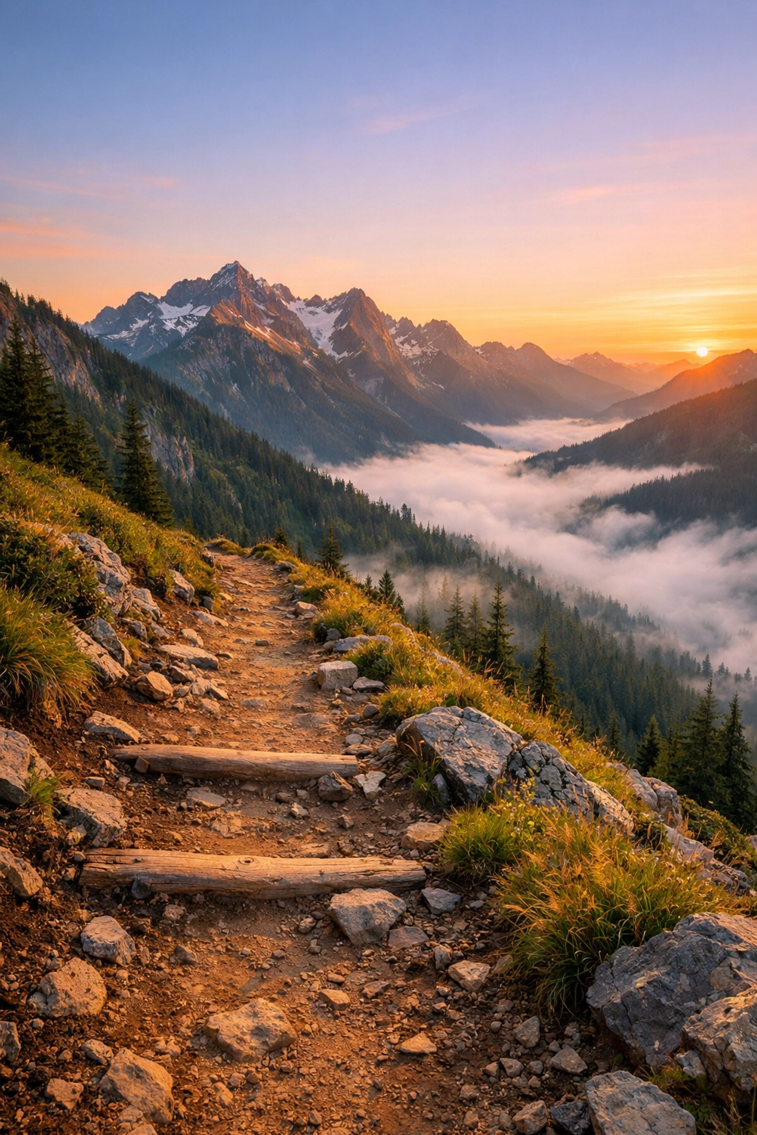 Sunrise over a rugged mountain trail symbolizing endurance and healthy skincare for athletes.