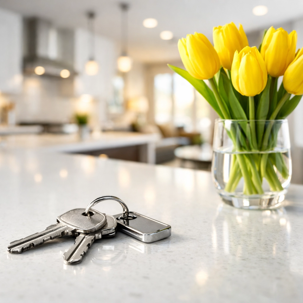 Apartment keys on a clean kitchen counter representing a successful apartment cleaning Boston job.