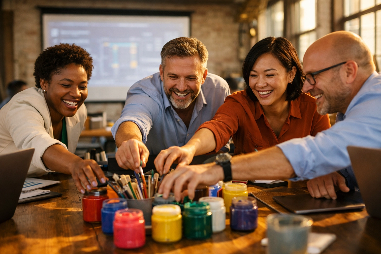 A corporate team in a sun-drenched office transitioning from digital slides to creative painting for wellness.