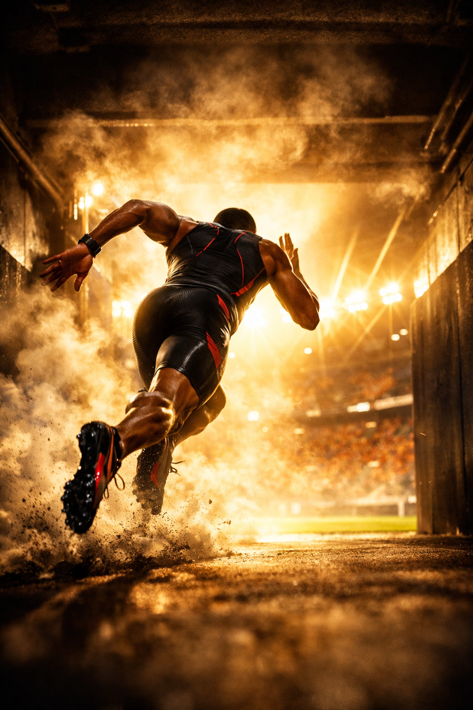 A professional athlete sprinting toward a stadium field, symbolizing the NIL marketing revolution.