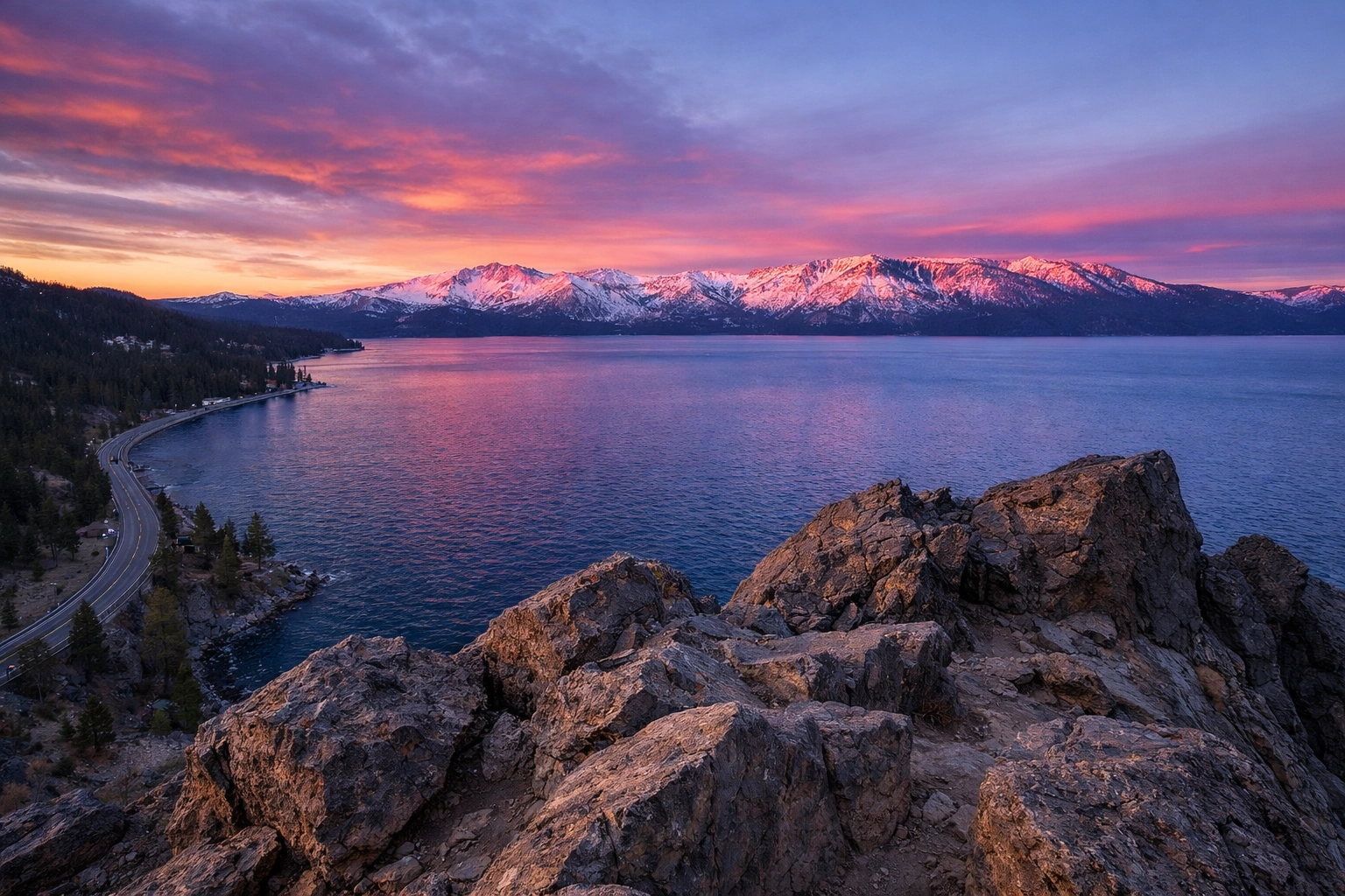 Sunset at Cave Rock summit with views of the Sierra Nevada mountains and sapphire water in Lake Tahoe.