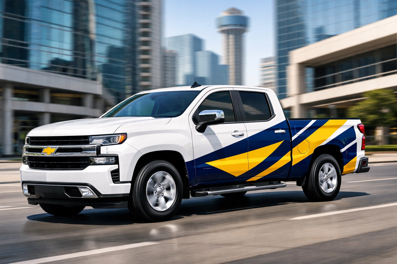 Custom partial vehicle wrap on a professional truck in Dallas for a business startup package.