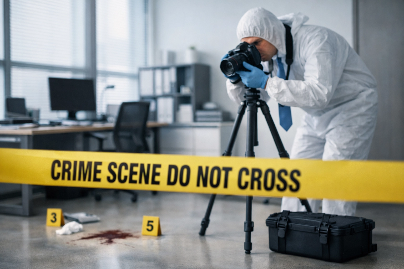 Crime scene investigator photographing evidence at secured investigation site