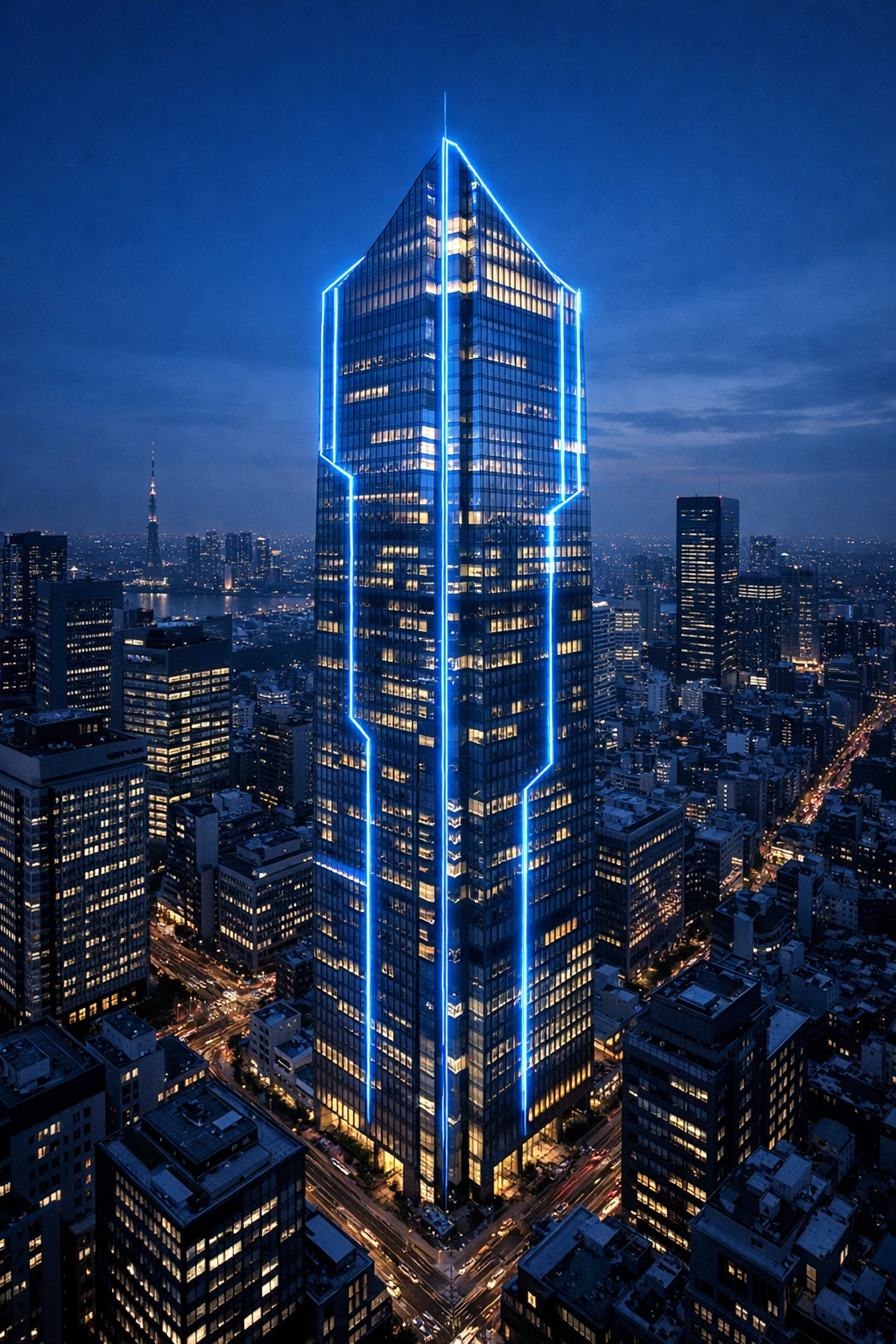 Modern glass skyscraper representing digital connectivity and local business authority in a city district.