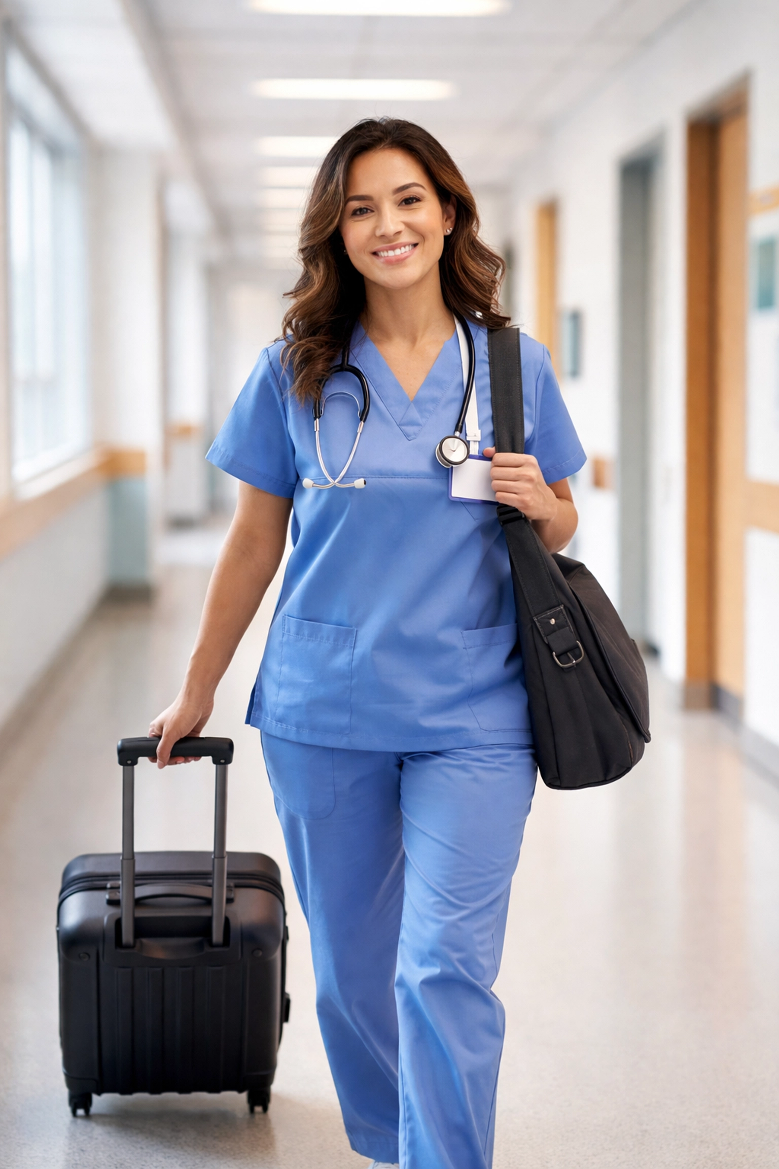 Travel nurse in blue scrubs with suitcase walking through a hospital corridor, highlighting flexible staffing solutions