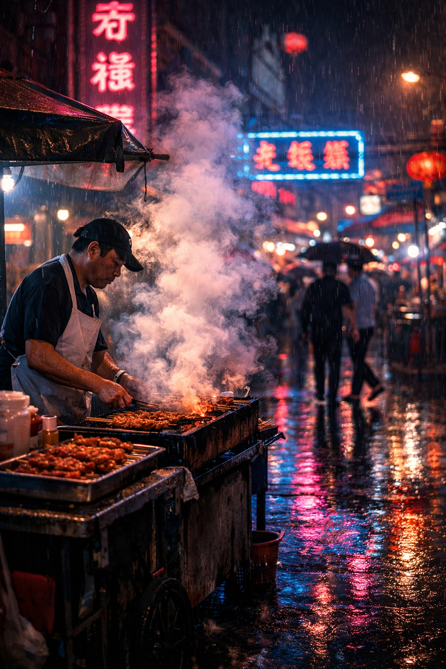 Atmospheric night scene of a street food vendor grilling skewers in Bangkok's vibrant Chinatown.