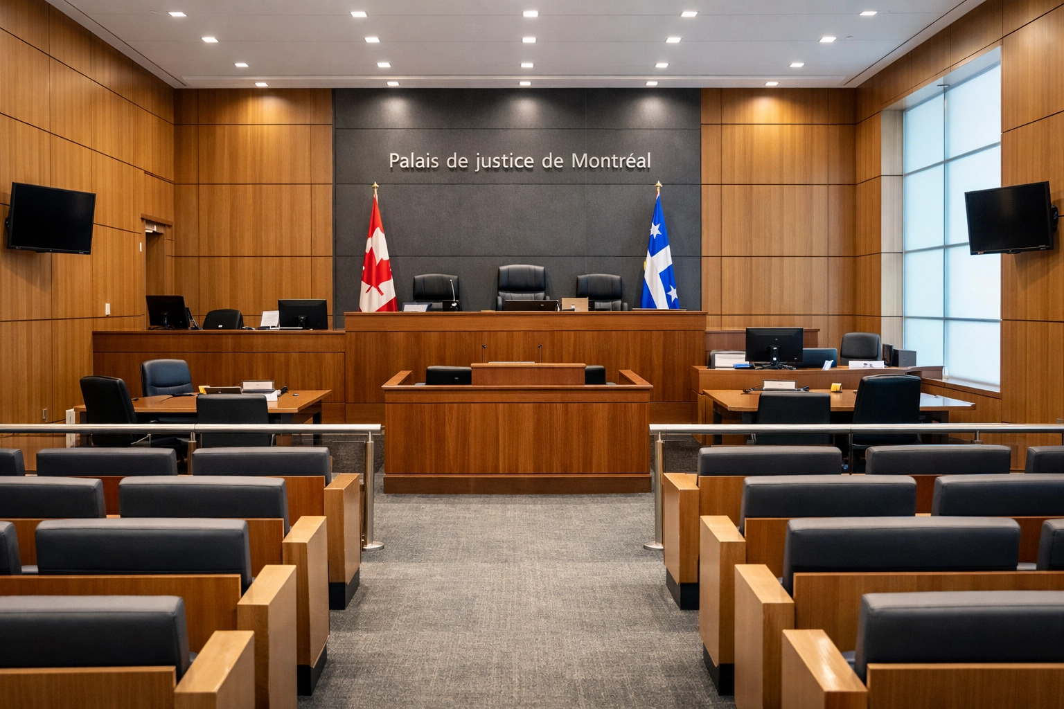 Empty modern courtroom interior with wooden judge’s bench at the Palais de justice de Montréal.
