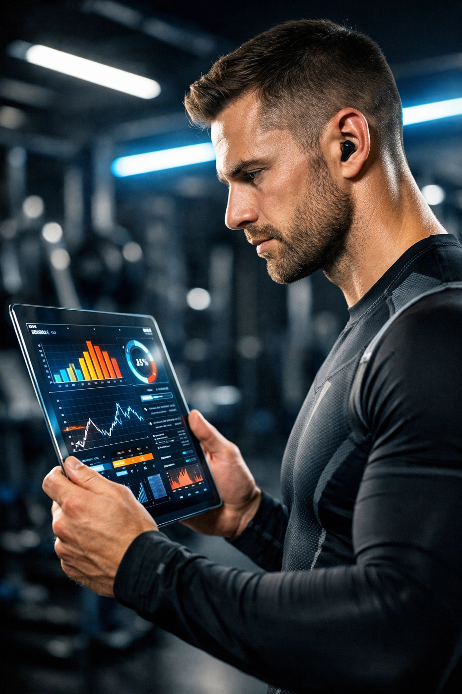 Professional athlete reviewing marketing analytics on a digital tablet for NIL brand innovation and performance.