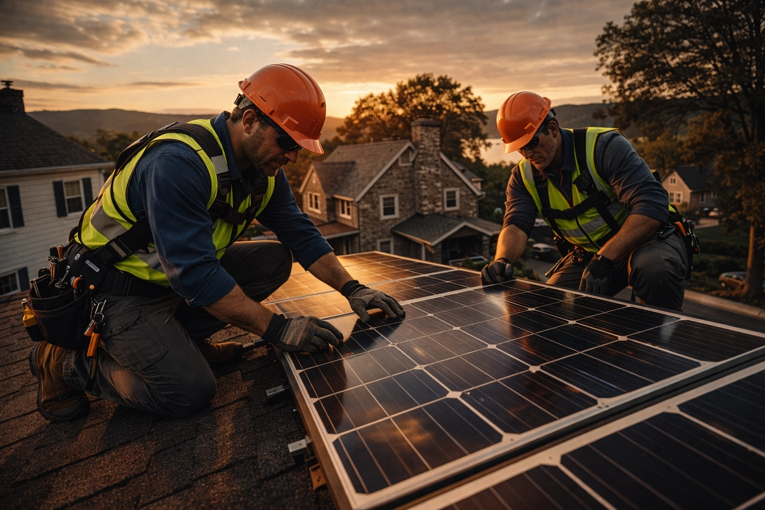 Professional solar installer inspecting residential solar panel installation in Westchester NY