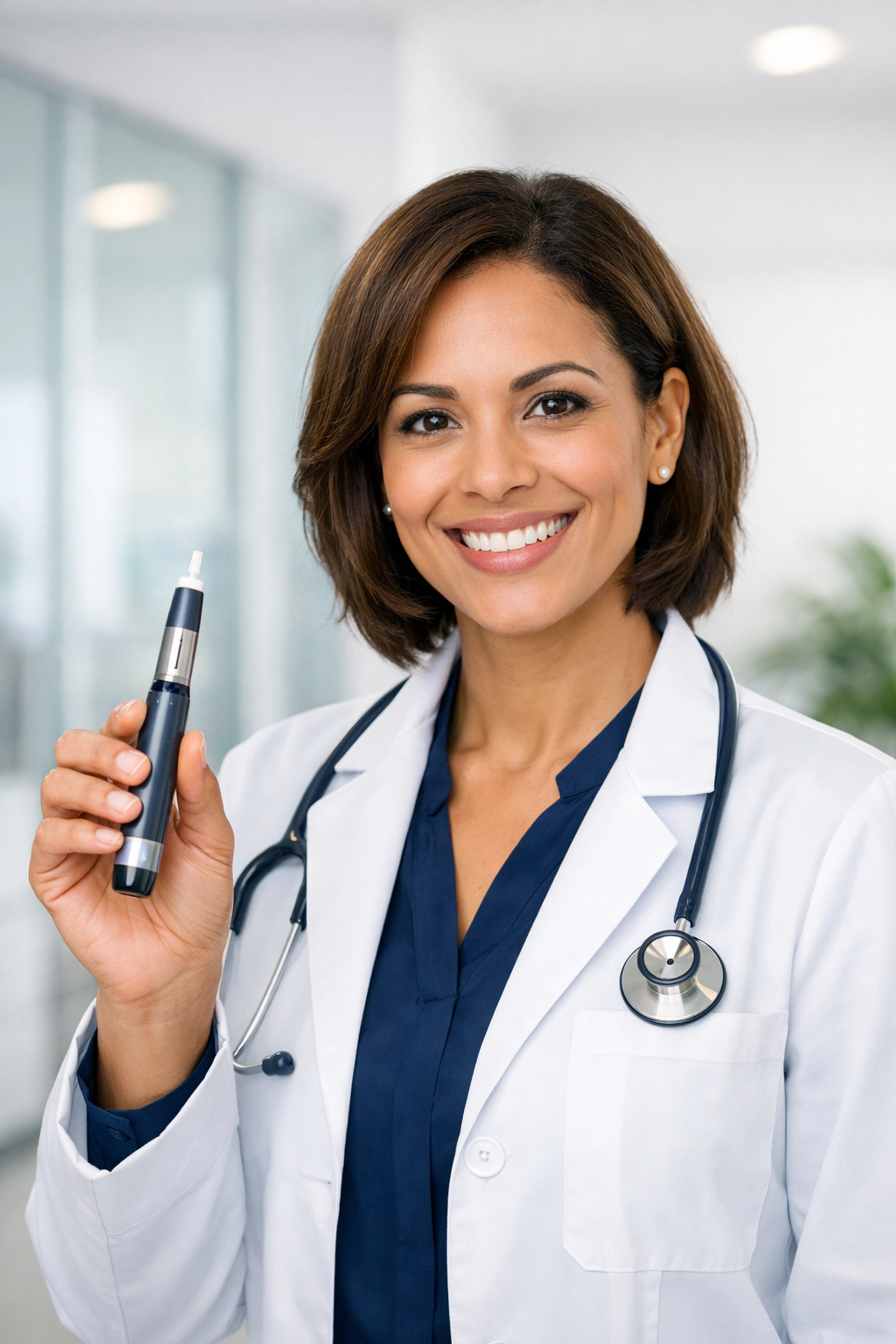 Licensed medical provider holding a Tirzepatide injection pen, an effective alternative to Wegovy.