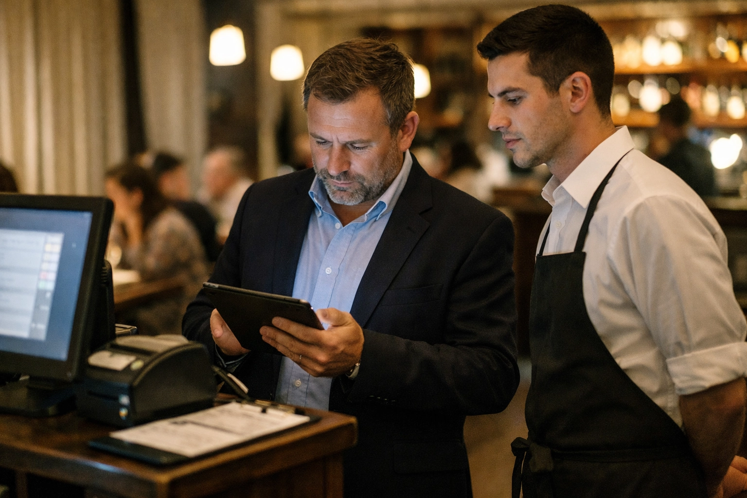 Restaurant manager reviewing real-time operational dashboards on a tablet near the host stand with staff ready to execute.