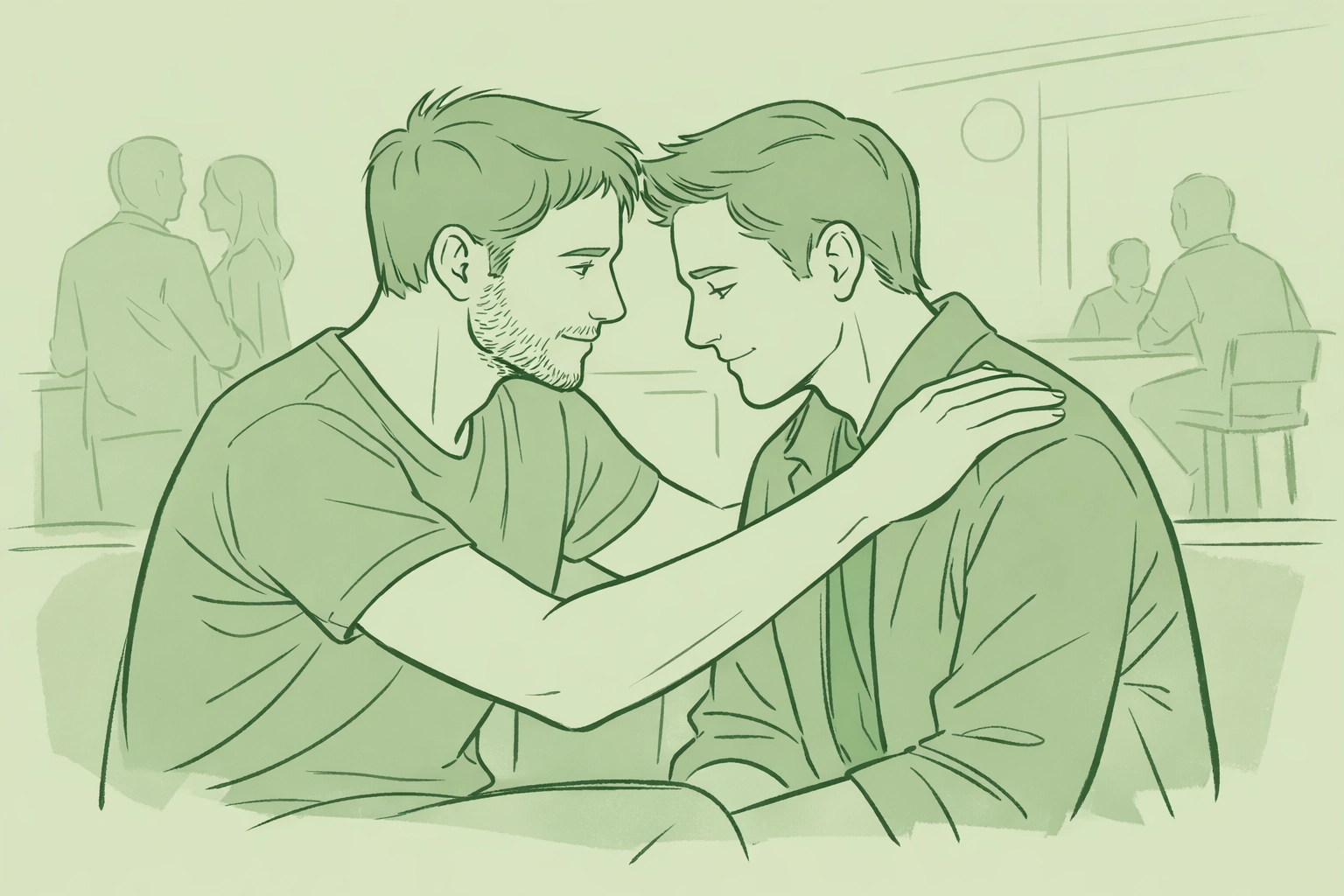 Gay men sharing intimate moment in community club space illustrating MM romance connection