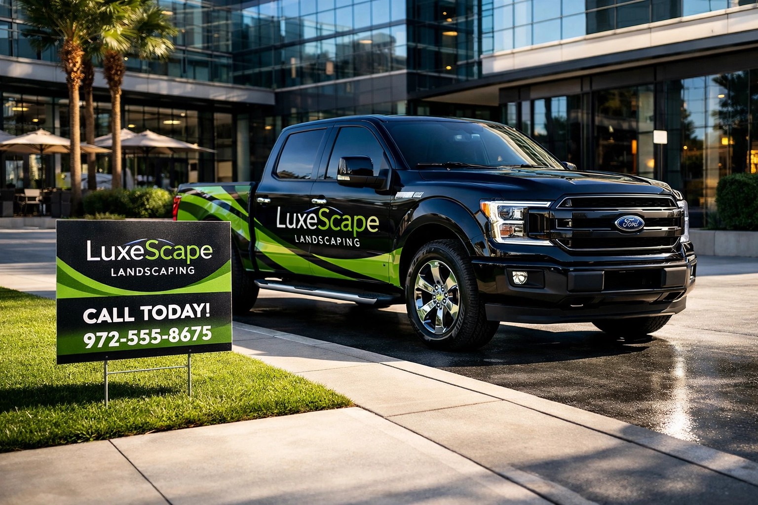 Matching vehicle wrap and yard sign set for integrated brand marketing in the DFW area.