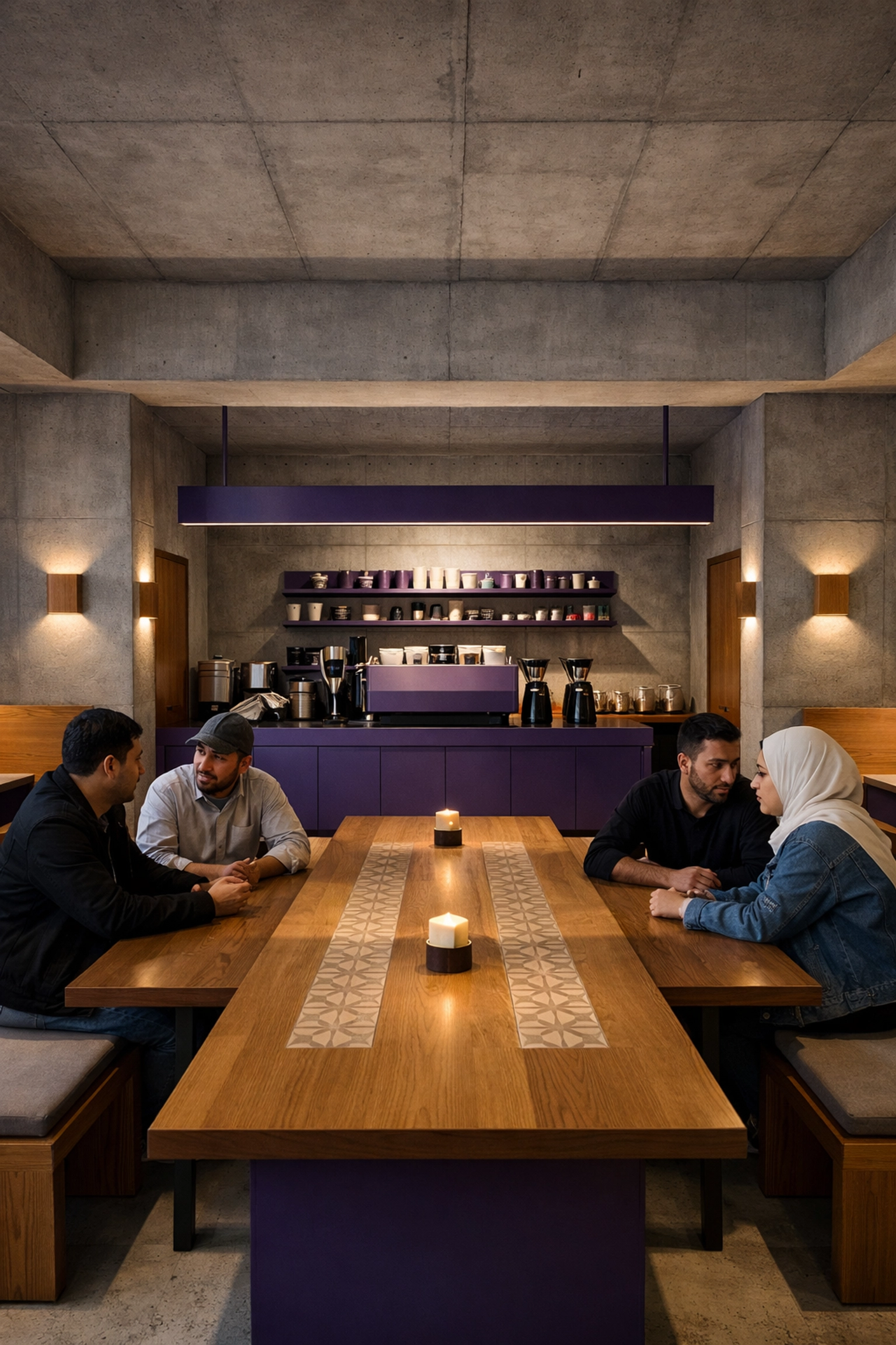 Modern interior of The Venti coffee shop in Amman, mixing Korean minimalism and Jordanian architecture.